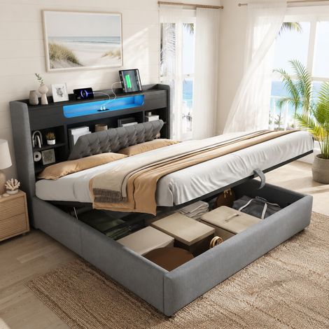 Cama tapizada 180x200 cm gris con arcón hidráulico, LED, USB y Type-C (1/5)