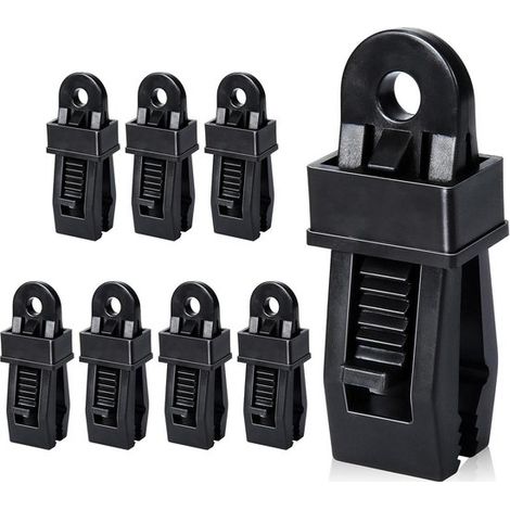 Lot de 8 pinces imperméables pour bâche - Fixations pour toiles de tente - Pinces coupe-vent pour usage extérieur - Noir - 8 x 2,4 x 0,15 cm - PP noir (1/5)