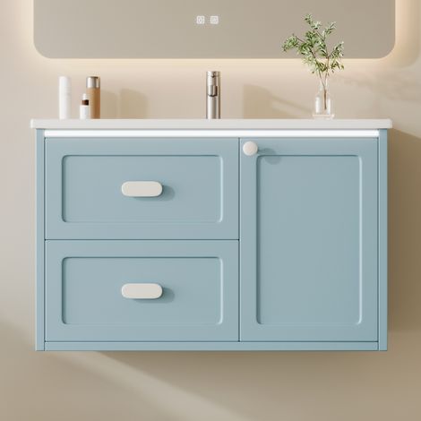 Mobile lavabo sospeso 76x46x51 cm in MDF e ceramica blu con LED salvaspazio – MEUBLIV (1/5)