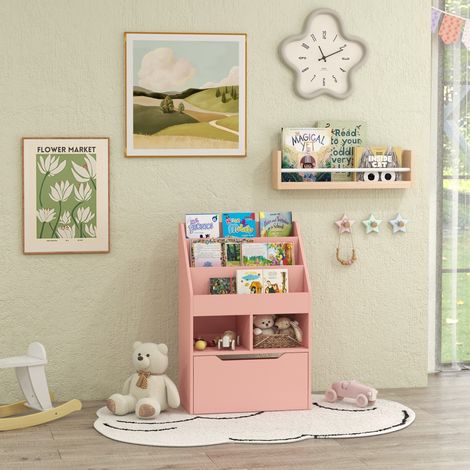 Librería multifuncional con 3 estantes, 2 nichos y un gran cajón de madera en color rosa.