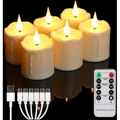 Rechargeable flameless candles with remote control and timer, realistic battery-operated LED tea lights, set of 6 warm white electric fake candles (USB charging) (1/5)