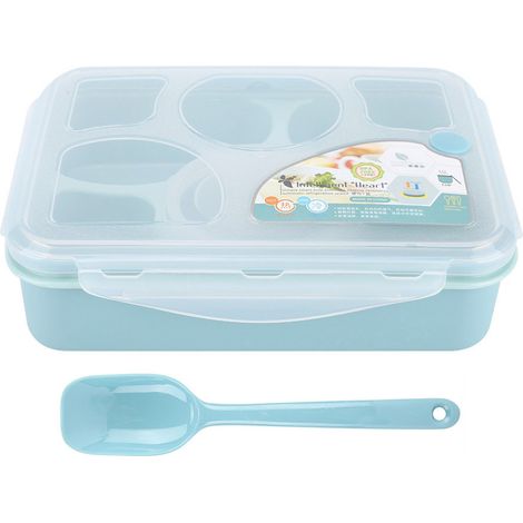 Boîte à lunch Bento pour micro-ondes, 5 compartiments, contenant portable pour fruits et légumes avec bol et cuillère (bleu) (1/5)