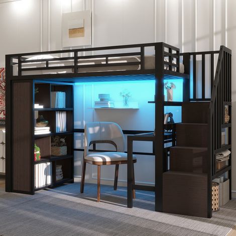 Cama Alta Infantil 90 x 200 cm con Escritorio y Almacenaje, Estructura de Acero Resistente con Escaleras Cajón y Luz LED Integrada, Sin Colchón (1/5)