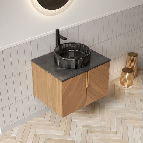 Mueble de baño suspendido 61 cm con lavabo de vidrio negro, encimera de piedra y 2 puertas (1/5)