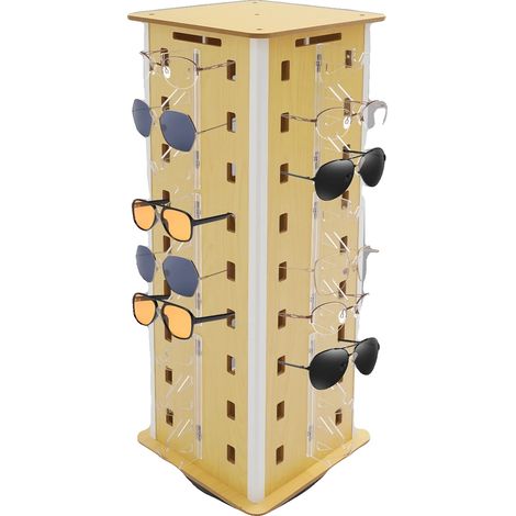 Soporte expositor para gafas de sol, rotación de 360°, forma cuadrada, capacidad para 36 gafas, material MDF, requiere montaje. (1/5)