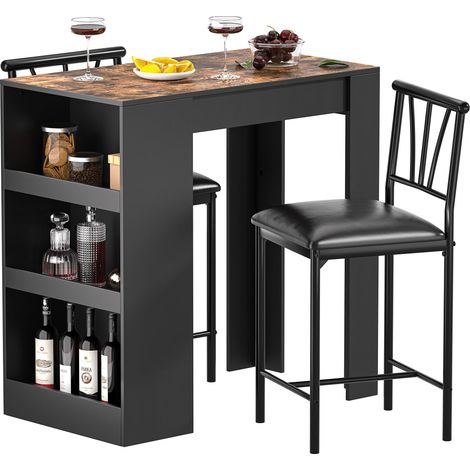 Ensemble Table de Bar Industriel avec 2 Chaises Rembourrées, Table avec 3 Étagères de Rangement pour Salle à Manger, Cuisine, Salon, Bistrot, Marron (1/5)