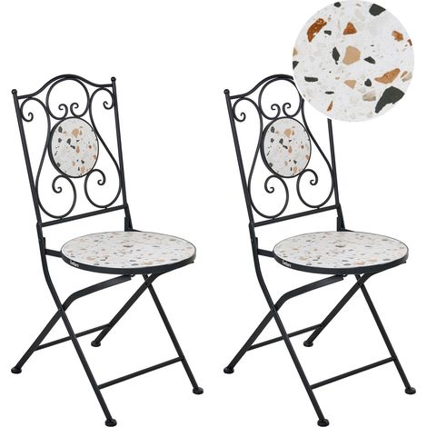 Lot de 2 Chaises de Jardin Vintage en Métal avec Plateau Effet Terrazzo Structure en Fer Noir Artena (1/5)