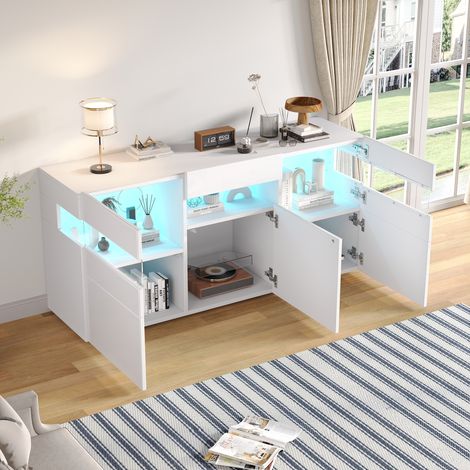 Credenza bianca con illuminazione a LED, mobiletto d'ingresso a 3 ante per soggiorno/camera da letto, acrilico e truciolato, 140x40,5x66,5 cm (1/5)
