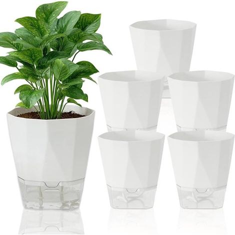 Un ensemble de 6 pots de fleurs à arrosage automatique - de 12,5 cm de diamètre - de couleur ivoire - avec un réservoir d'eau transparent - blancs (1/5)
