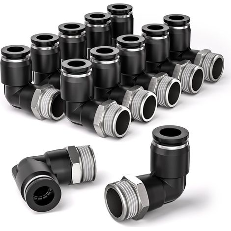 Raccord Coude 90° - Lot de 12 - Laiton et Plastique - Filetage BSP 1/4 pour Tube 8mm - Industrie et Pneumatique - Noir et Métal (1/5)