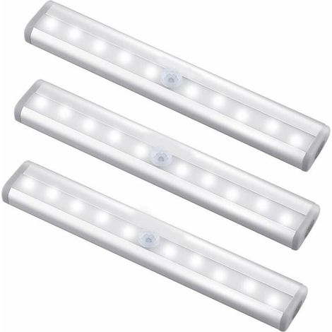 Détecteur de mouvement Lumière intérieure, 10 LED Détecteur de mouvement Placard Lumières magnétiques à piles sous le meuble Bande de lumières sans fil Stick Up Night Lights Bar pour placard Cuisine C (1/4)