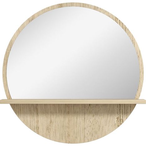 Miroir de salle de bain rond en aggloméré et verre avec étagère de rangement et 2 crochets arrière, Ø45 x 10 cm (1/5)