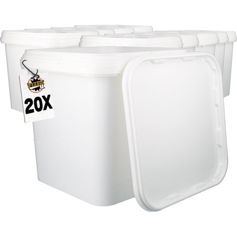20 Seau en plastique avec couvercle, PP, rectangulaire, blanc, qualité alimentaire 5,4 L