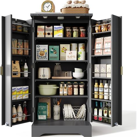Armoire de Cuisine Noire Buffet Moderne avec Éclairage LED à Capteur et Étagère à Épices, Double Porte, 120x60.5x40 cm (1/5)