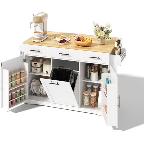 Îlot central de cuisine extensible Blanc, desserte, avec 2 portes, plan de travail, sur roulettes, 120x70x87cm (1/5)