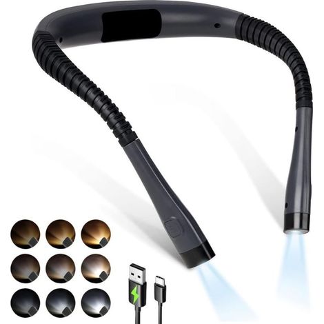 Lampe de lecture rechargeable à porter autour du cou, 3 couleurs, luminosité réglable, lampe de lecture confortable et flexible pour lire, tricoter, réparer (1/5)
