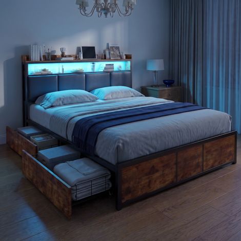 Lit double 140x200 cm avec 4 tiroirs et LED, lit adulte avec cadre en métal, style industriel, Noir (1/5)
