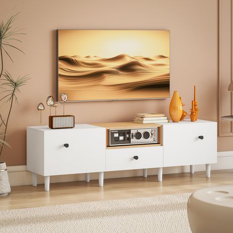 Mueble para TV, armario para TV de hasta 70" con 2 puertas abatibles, bisagras de cierre suave, cajón, estante abierto, 8 patas para sala de estar, dormitorio, 150x35x45 cm, color blanco y madera.