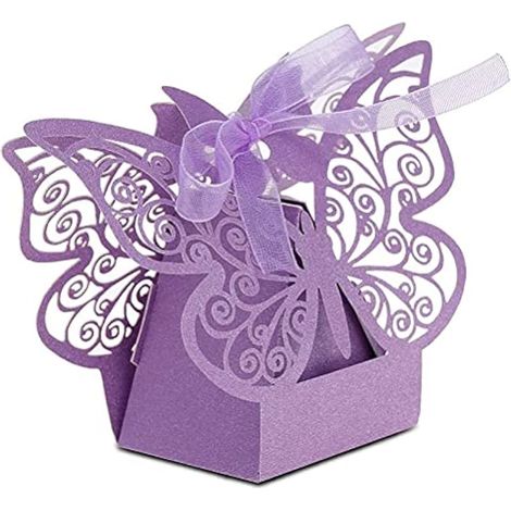 50 x Boîtes Cadeaux Bonbons Papillon Découpe Laser pour Mariage Anniversaire avec Rubans Violets (1/4)
