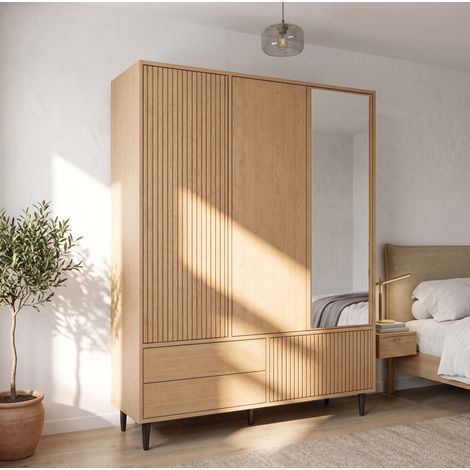 MODFU – Armadio 135x45x200 cm in MDF/acciaio/specchio con 3 ante, specchio, 3 cassetti, appendiabiti e carico 30 kg – Bianco (1/5)