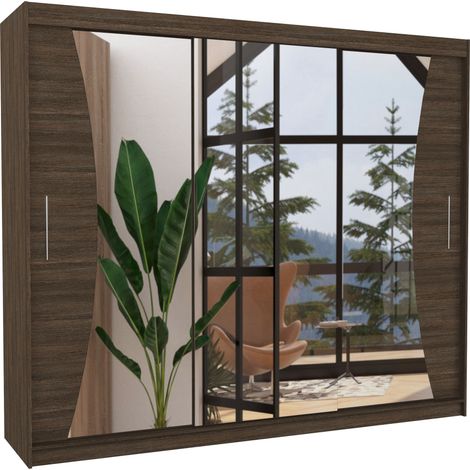 Grande armoire de chambre à coucher 3 portes coulissantes bois foncé et miroir Douko 250cm (1/5)