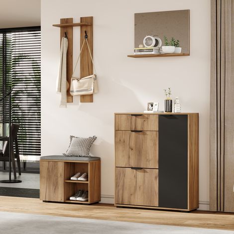 Mueble de entrada de aglomerado natural y negro con banco zapatero, espejo, cajón y 4 puertas, 140 x 35 x 139 cm (1/5)