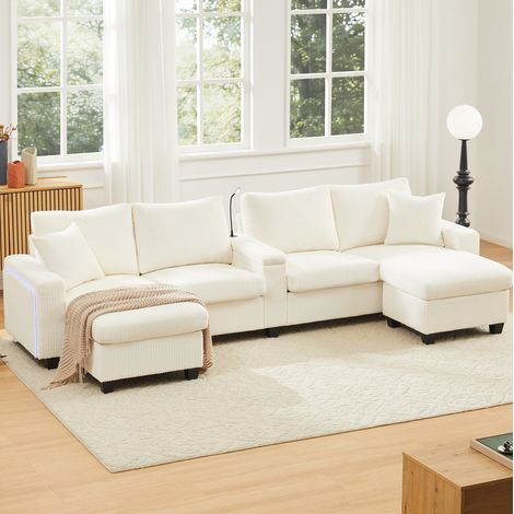 Divano a U in velluto a coste beige, 2 pouf, lampada da lettura, USB/Type-C OKMYHOME (1/5)