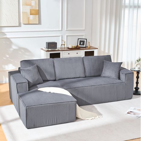 Sofá esquinero modular 235x128x60 cm gris en pana con chaise longue y 2 cojines (1/5)