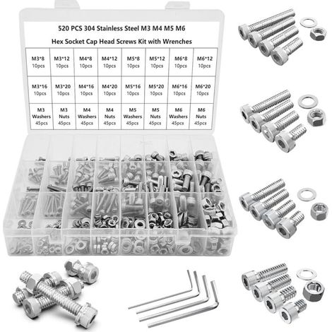 520-teiliges M3/M4/M5/M6-Kombinationsschrauben- und Muttern-Set, Innensechskantschrauben, 304 Edelstahl-Set (1/4)