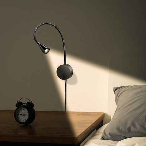 Lot de 2 lampes de lecture murales, aluminium, bras orientable, 38 cm, 200 lumens, blanc chaud 3000K, 3 W, câble 1,8 m, finition noir mat (1/3)
