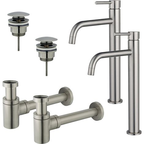 FugaFlow Eccelente Sobrado Slim Kit robinet lavabo - pour double vasque - robinet rehaussé - bonde clic clac - siphon design bas - PVD (1/4)