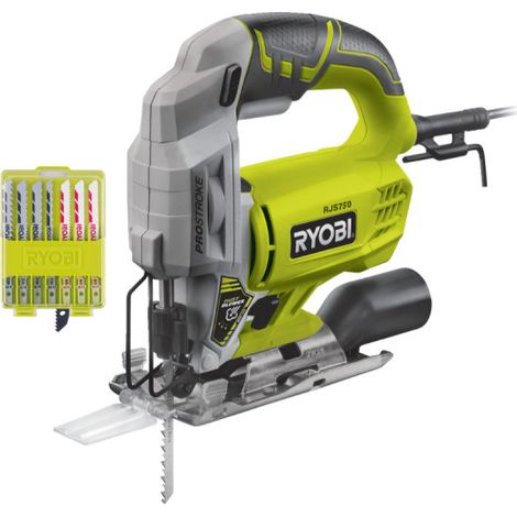 Pack RYOBI Scie sauteuse électrique RJS750-G - 500W - 75mm - bois - coffret de 10 lames - bois - plastique - bimétal - 102mm - RAK10JSB