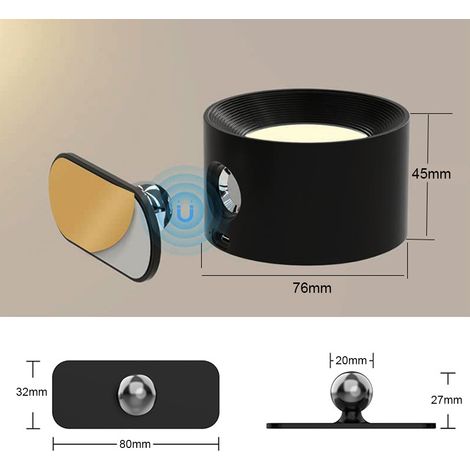 Toivize wiederaufladbare magnetische LED-Wandleuchte, 360° schwenkbar, 3 Leuchten, weiß, modernes Design, kabellos, für Schlafzimmer/Flur (1/4)