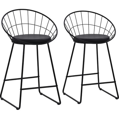 HAPPY GARDEN - Lot de 2 tabourets de bar 65cm en métal noir et coussin noir ALEX