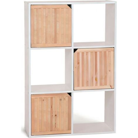 Bibliothèque / Étagère - JUANIO - Design scandinave - 6 compartiments (3 fermés, 3 ouverts) - Blanc/effet bois - 58,5x29x87,5 cm (1/4)