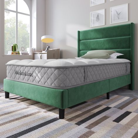 Lit simple 90x200 rembourré velours vert, tête de lit et sommier inclus - Design moderne, lit jeune (avec matelas) (1/5)