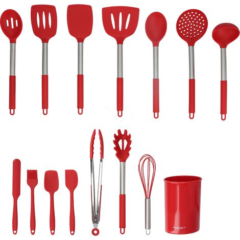 Ensemble de 15 ustensiles de cuisine en silicone avec manche en acier inoxydable : spatules, cuillères et autres accessoires de cuisine rouges. (1/5)