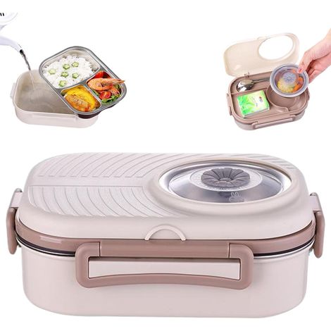 Boîte à lunch thermique Enfants, boîte à lunch en acier inoxydable pour enfants adultes, thermique l'épreuve, chauffée empilable avec plateau 3 compartiments et bol soupe, baguettes e (1/4)