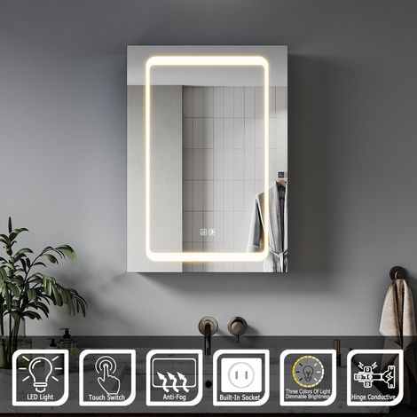 ELEGANT Bathroom Led Mirror Cabinet with Shaver Socket 3 Lighting Modes and Demister Tempered Glass Shelves Aluminium Cabinet 50x70cm (1/5)