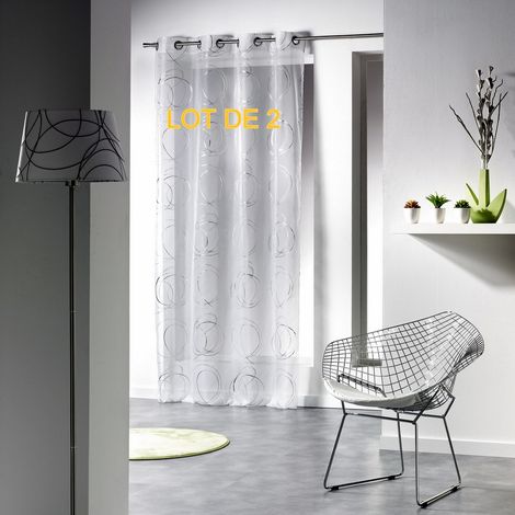 Lot de 2 voilages a oeillets 140 x 240 cm voile imprime argent bully Blanc