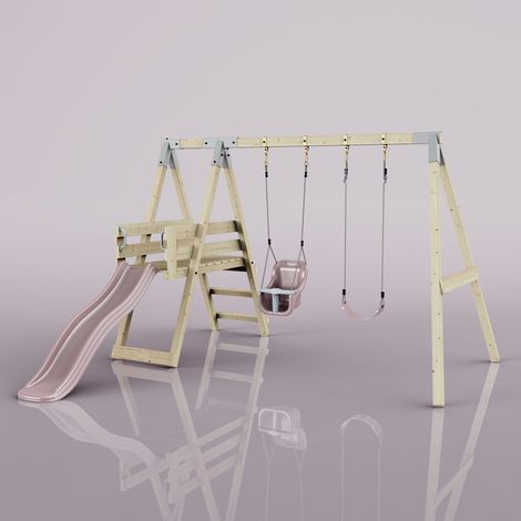 Polarplay – Balançoire en bois imprégné 291 x 331 cm – Supports galvanisés – Poids max 50 kg – Toboggan 175 cm – Couleur vieux rose - ROSA 291 X (1/5)