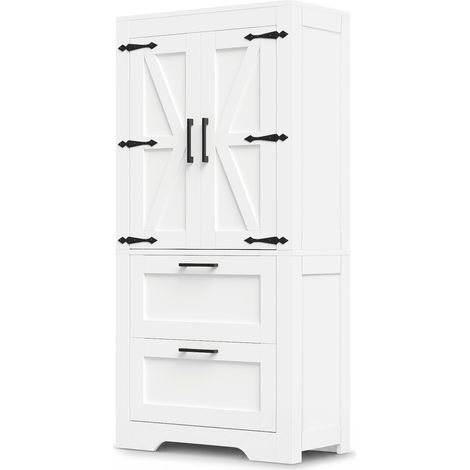Buffet blanc en MDF avec 2 tiroirs et étagères réglables, style campagne, 60x30x128 cm (1/5)