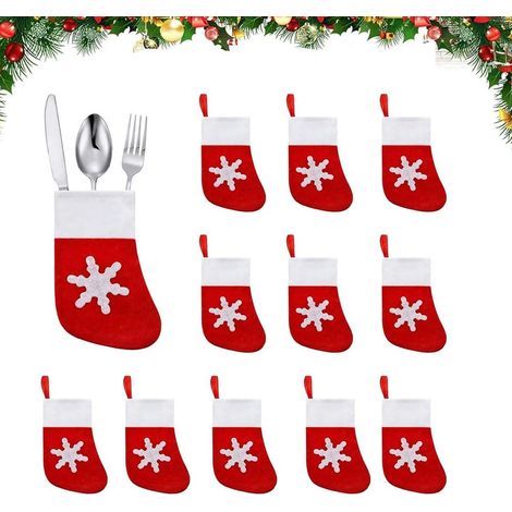 Porte Couvert Noël de Neige Décoration, Chaussettes de Noël Poches, Chaussettes de Coutellerie Porte Sacs, 12PCS Porte Couverts de Table Noel Pochette Couvert, Noël Décoration de Table (1/5)