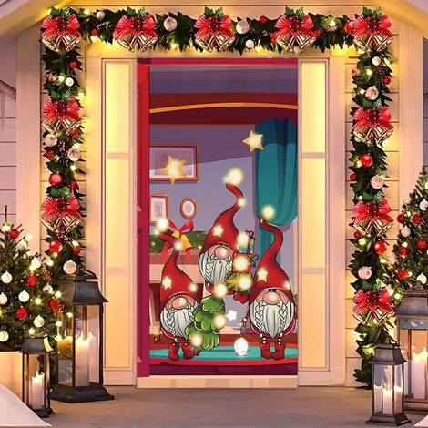 Rideau de porte de Noël 2026, bannière extérieure avec fond photo Père Noël et chien, tissu à suspendre - 90 x 180 cm (rainure + ruban) - 25