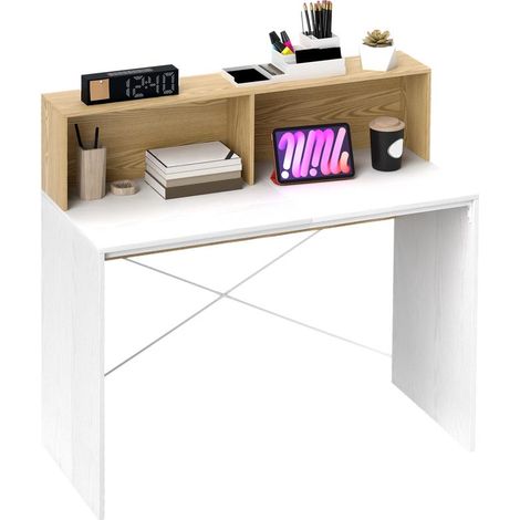 Bureau blanc et bois naturel 110x50x102,6 cm avec 2 compartiments ouverts et étagère, design scandinave tendance (1/5)