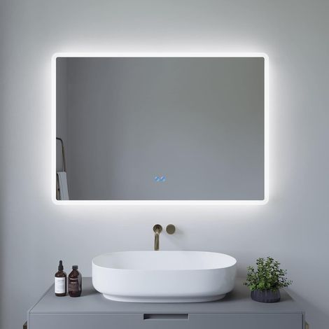 Badspiegel Wandspiegel mit LED Licht 100x70cm BORAS Typ B Touch Sensor Dimmbar Antibeschlag Kaltweiß 6400K (1/5)