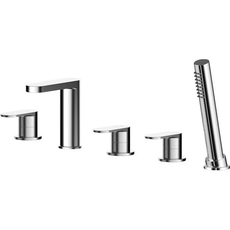 Balterley Enville Deck Mounted Round 5 Tap Hole Bath Shower Mixer Tap with Diverter, Spout & Shower Kit - Chrome Finish