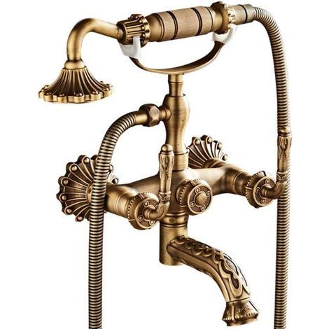 Bathtub Faucet, Wall-Mounted Shower Mixer, Bracket and 150cm Hose, for Bathroom, Antique Brass Finish (1/4)