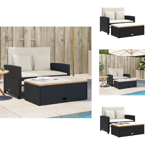 Gartensofa mit Kissen 2-Sitzer Schwarz Poly Rattan&Akazienholz - Gartensofa - Outdoor-Sofa - Rattan-Sofa - 2-Sitzer-Sofa - Liegesofa (1/5)