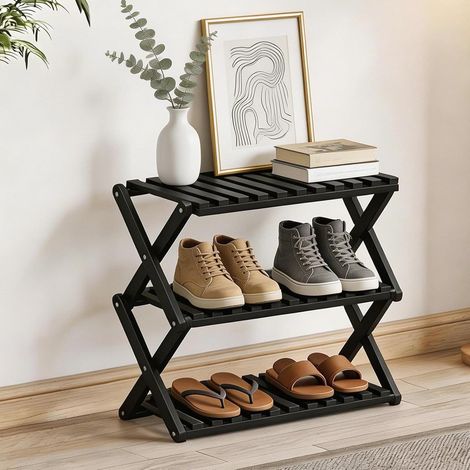 Étagère à chaussures pliable noire à 3 niveaux sans installation, organiseur de rangement en bambou robuste pour entrée, placard et petits espaces, support de rangement pour chaussures peu (1/5)